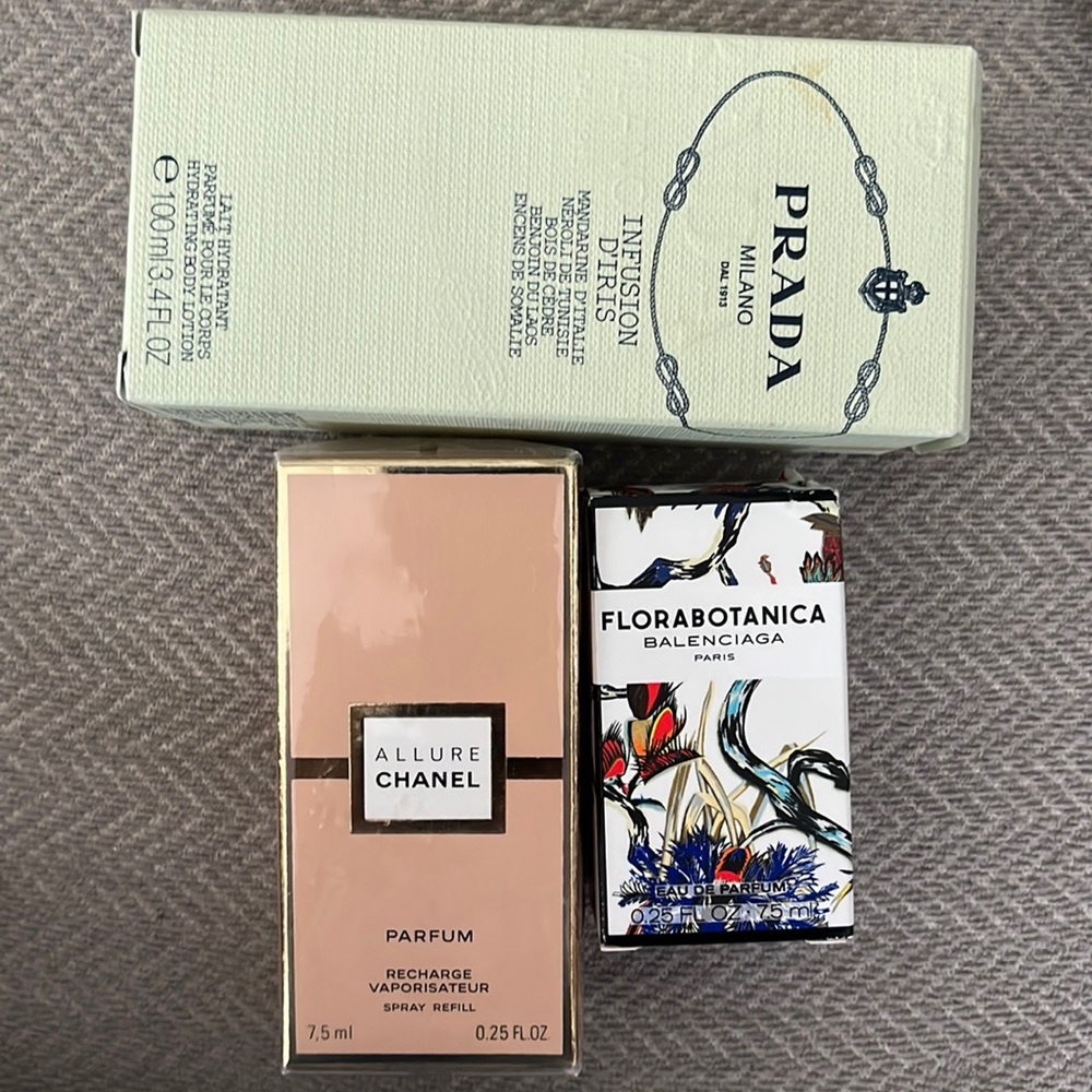 CHANEL parfum. PRADA lotion. BALENCIAGA Eau de parfum.